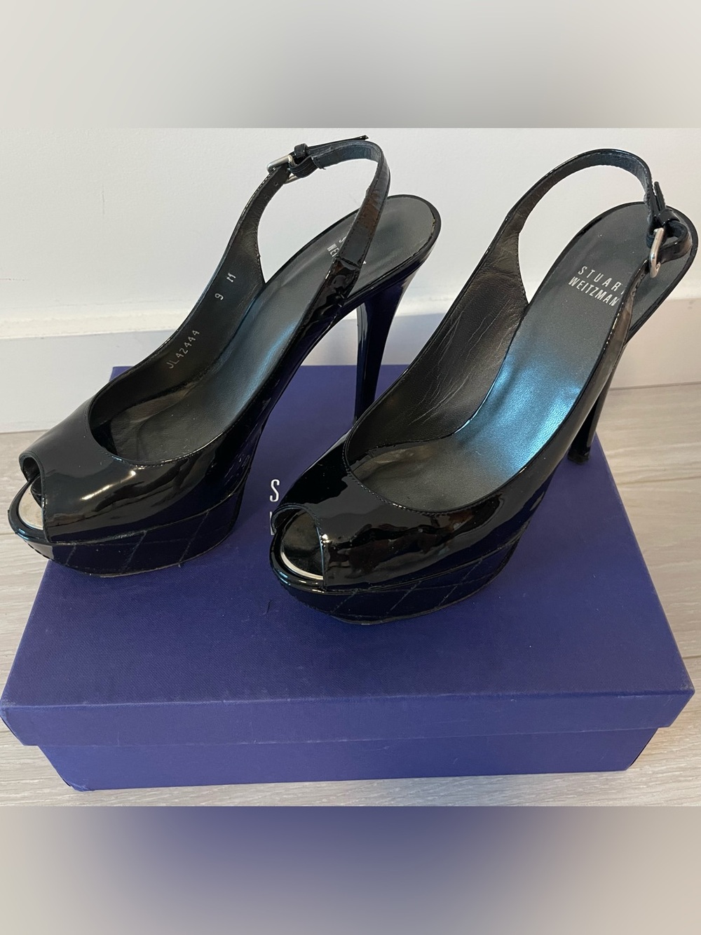 Stuart Weitzman Black Patent Leather Peep-Toe Slingback Platform Heels Size 9